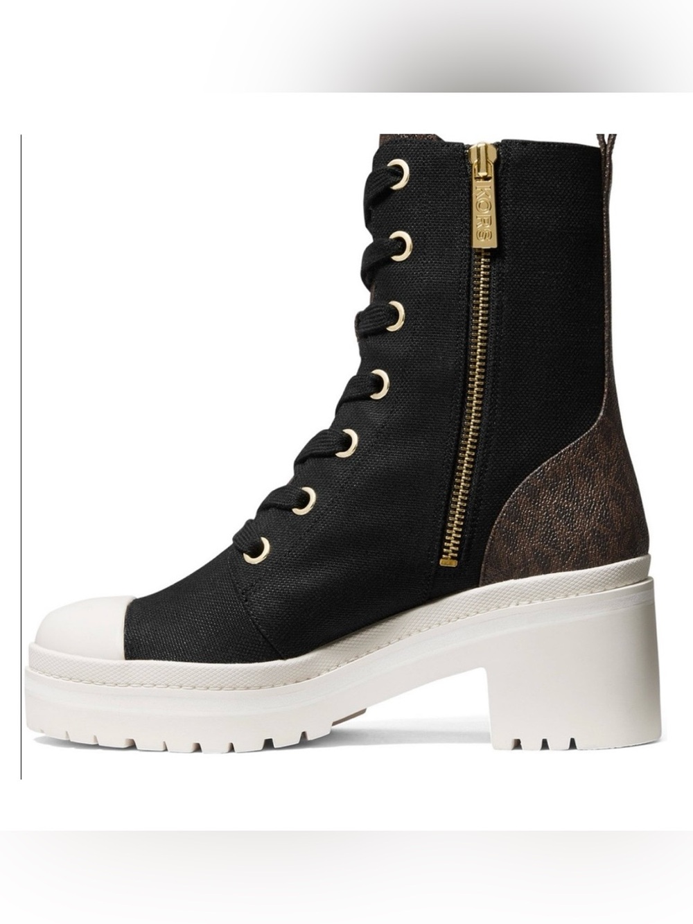 MICHAEL Michael Kors Black Canvas Lace-Up Platform Combat Boot with White Sole